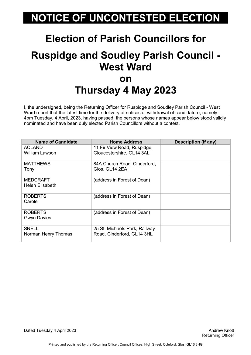 Notice of Uncontested Election. R&SPC West Ward